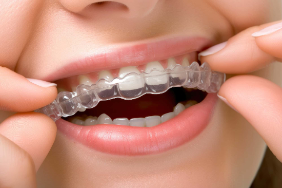インビザラインのマウスピースを装着しようとしているイメージ