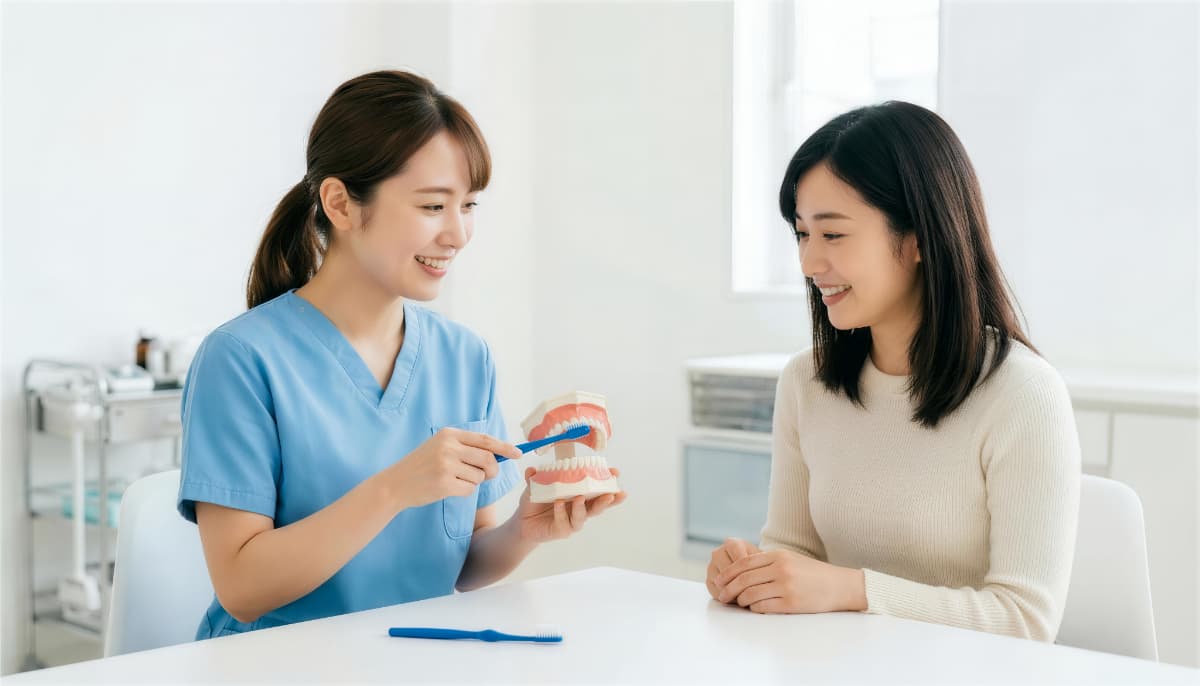 歯科医院でブラッシング指導を受ける女性